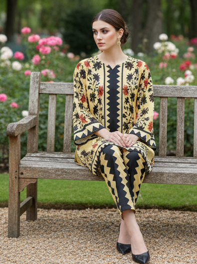 Yellow 2 Piece Trending Printed Dress in Premium Lawn Fabric