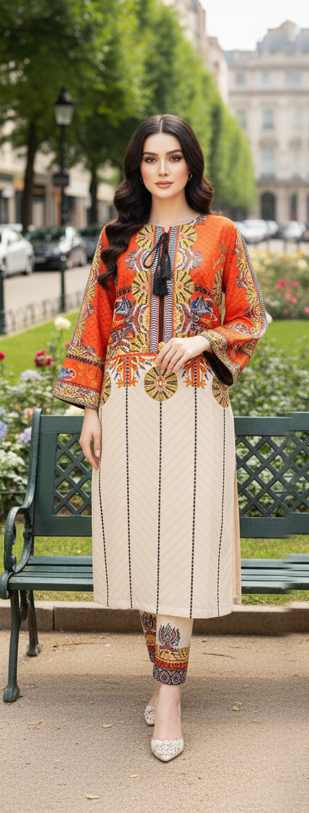 Orange Cout Style Trending Printed Designs in Premium Lawn Fabric