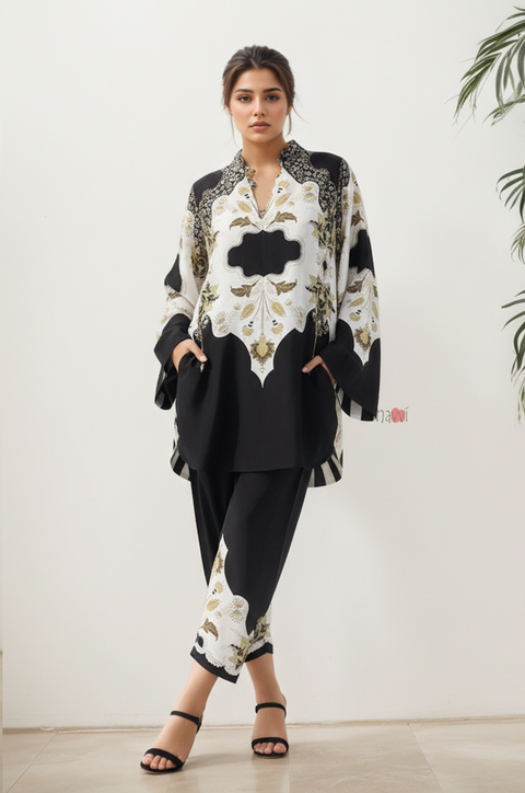 3PC Black White Flora Printed Suit A22