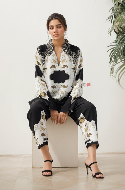 3PC Black White Flora Printed Suit A22