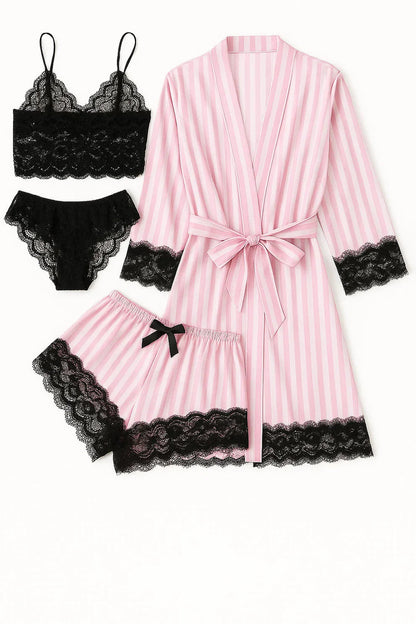 Royal Bridal Silk 4pcs set - White Pink Stripe