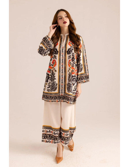Elegant Printed 2-Piece Suit – Sunset Mosaic Charm  | Orange, Black & White Fusion