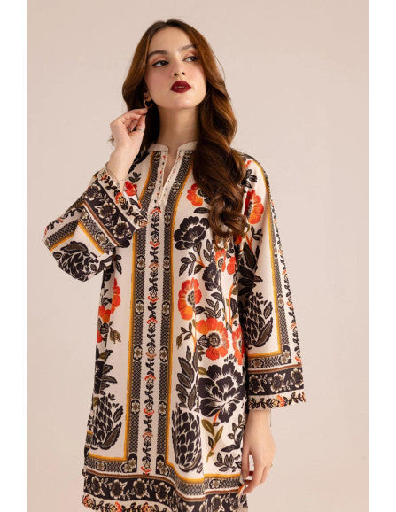 Elegant Printed 2-Piece Suit – Sunset Mosaic Charm  | Orange, Black & White Fusion